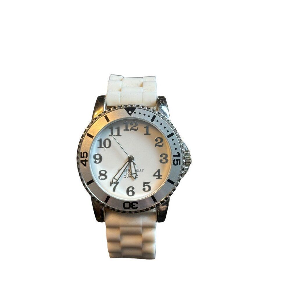 White Silicone Strap Stainless Steel Quartz Watch NEW BATTERY
